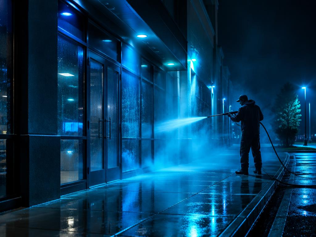 Nettoyage de la façade d'un commerce (image d'illustration)