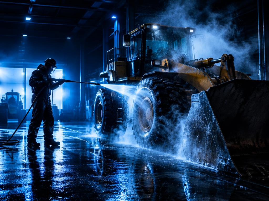 Lavage à haute pression dans un bâtiment industriel (image d'illustration)